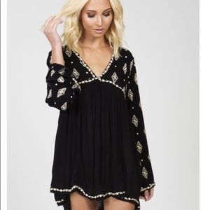 Free People Black Embroidered V-Neck Peasant Top Bell Sleeves